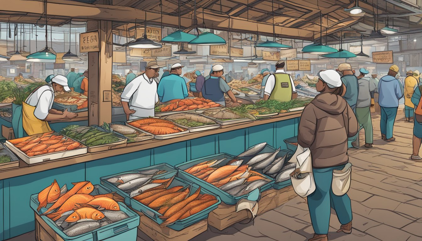 A bustling fish market with a variety of wild-caught fish on display, surrounded by signs advertising affordable carnivore diet options