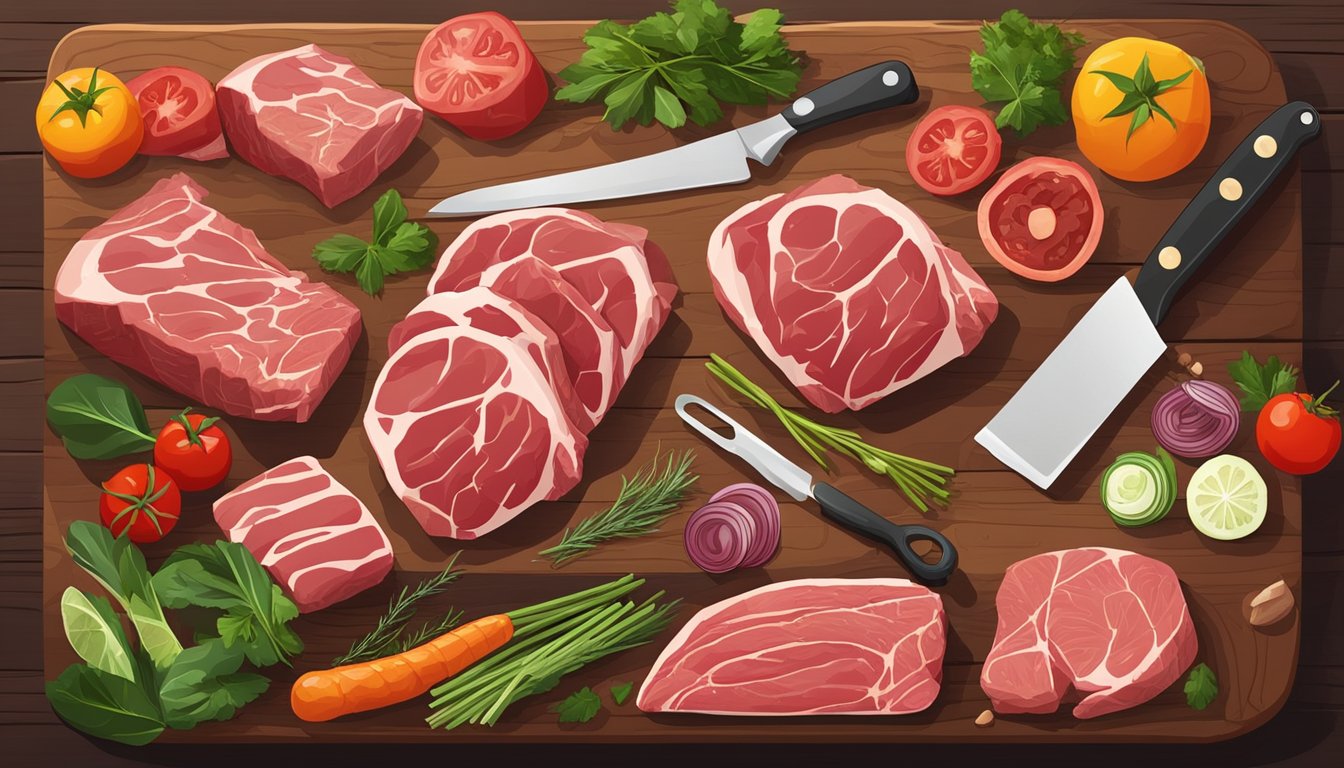 A variety of large cuts of meat arranged on a wooden cutting board with various DIY butchering tools and equipment surrounding it