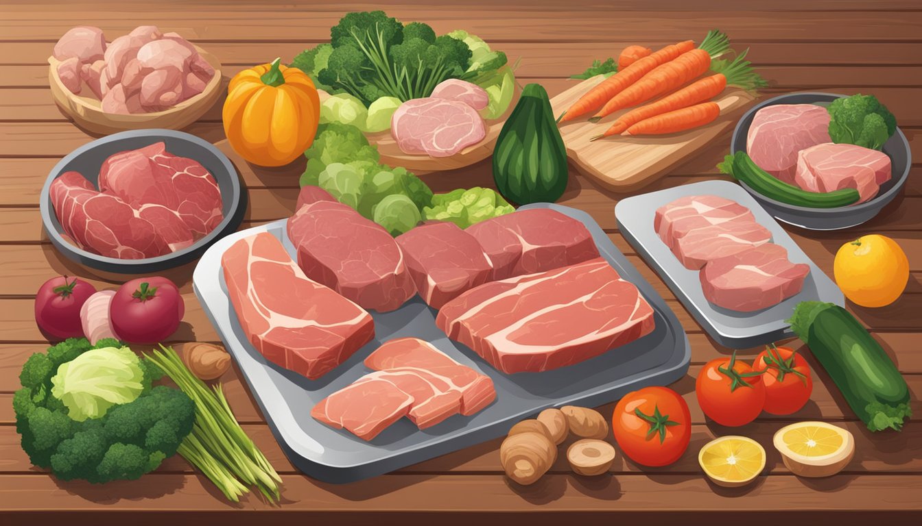 A variety of raw and cooked meats displayed on a wooden table, surrounded by fresh vegetables and fruits. A scale and price tags are visible, suggesting affordability