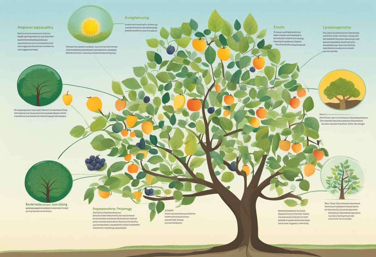 A tree growing from a seedling to a mature, fruit-bearing state, with various contributions and support systems surrounding it, representing the impact of RDSPs on disability assistance programs