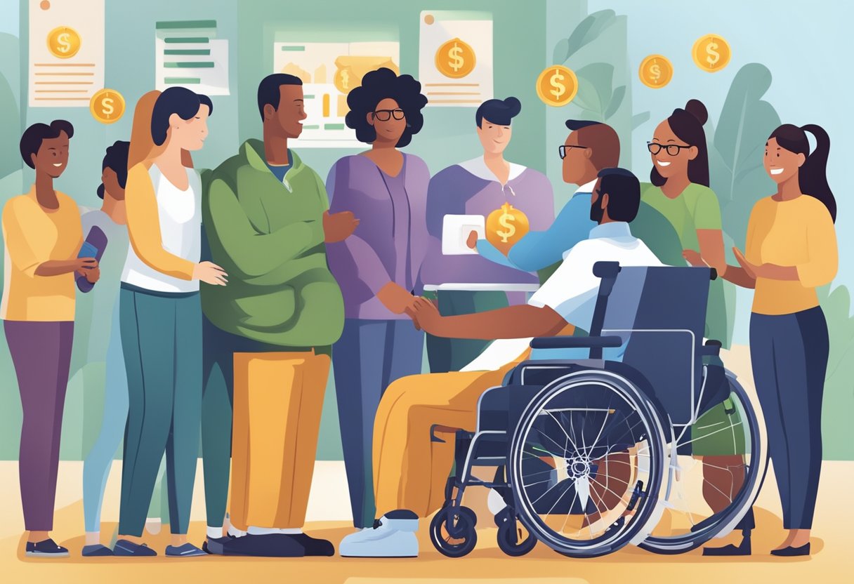 A group of diverse individuals with disabilities receiving financial support and resources from government programs, alongside a symbol of the Registered Disability Savings Plan (RDSP) representing long-term financial security