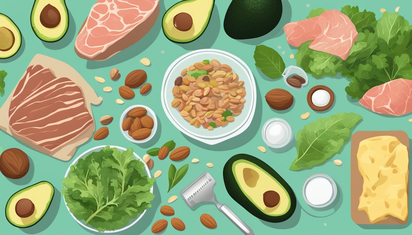 A table with various keto-friendly foods, including avocados, leafy greens, nuts, and lean meats, surrounded by nutrient labels and measuring tools