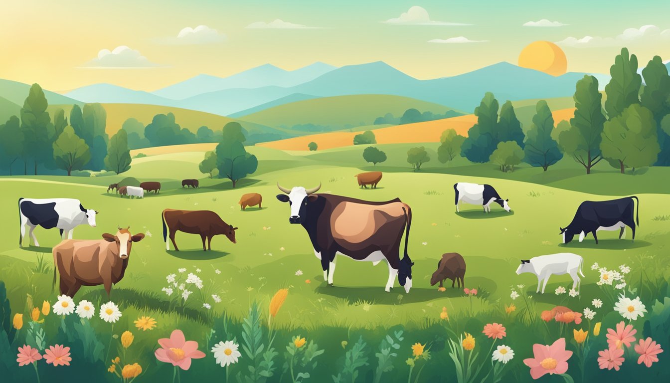 A pasture with grazing cattle surrounded by a variety of carnivore diet-friendly foods, including grass, herbs, and vegetables, with a focus on liver health