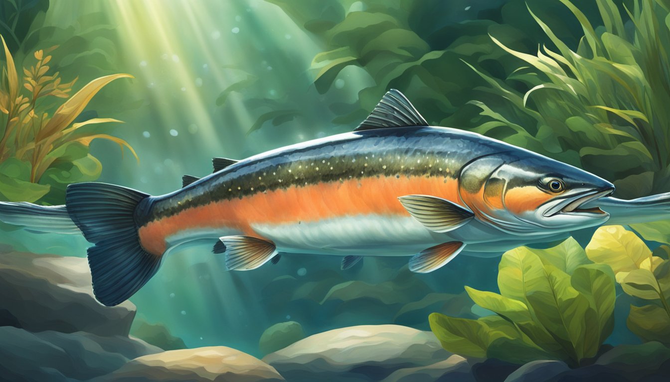 A wild-caught salmon swimming gracefully in a clear, flowing stream, surrounded by vibrant aquatic plants and sunlight filtering through the water