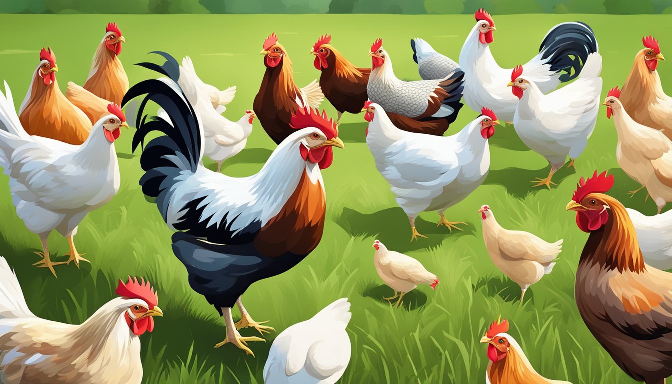 A group of free-range chickens pecking at a variety of carnivore diet friendly foods in a lush, green pasture, with a focus on liver-healthy options