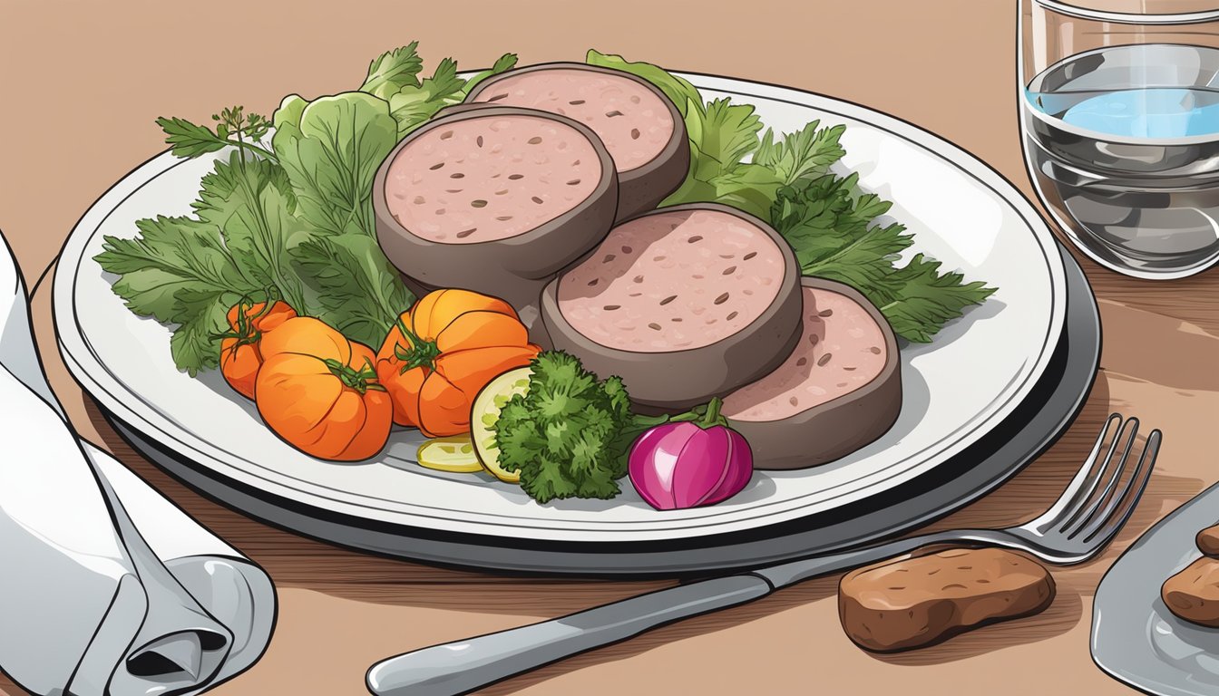 A plate of liverwurst sausages surrounded by colorful vegetables and herbs, with a glass of water on the side