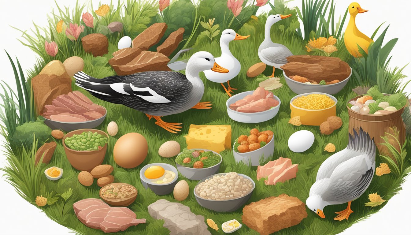 A duck nesting in a grassy area surrounded by various carnivore diet friendly foods such as fish, meat, and eggs