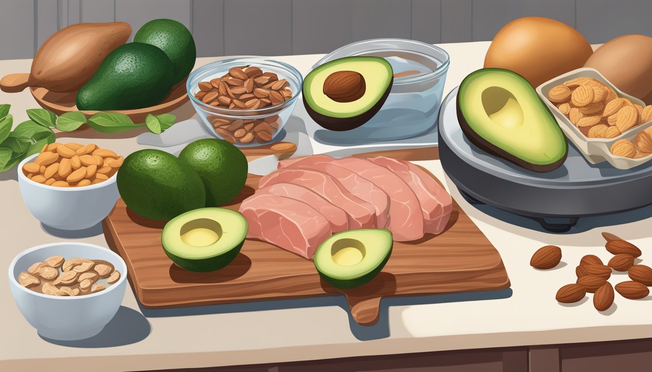 A kitchen counter with various low-carb, high-fat foods like avocados, nuts, and lean meats. A food scale and measuring cups are nearby