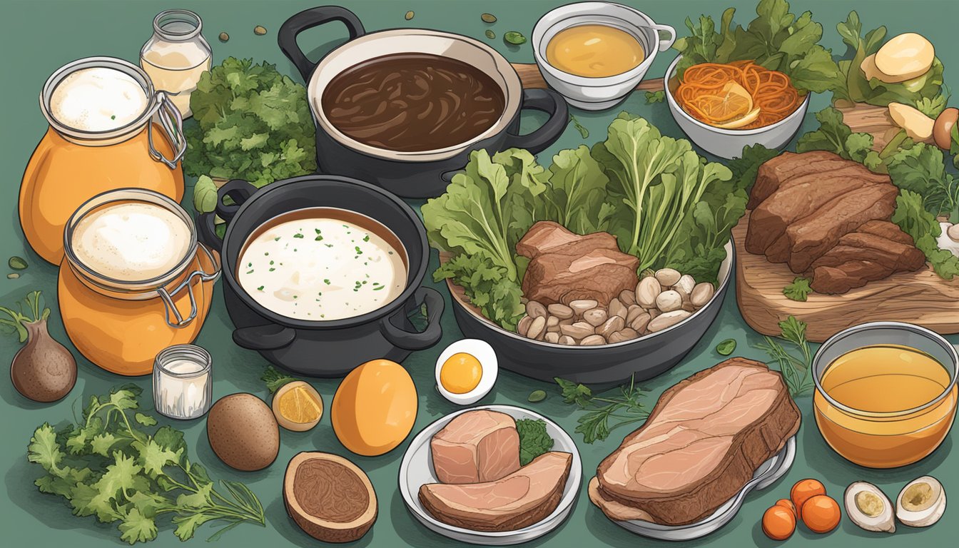 A simmering pot of bone broth surrounded by liver-friendly foods like meat, eggs, and leafy greens