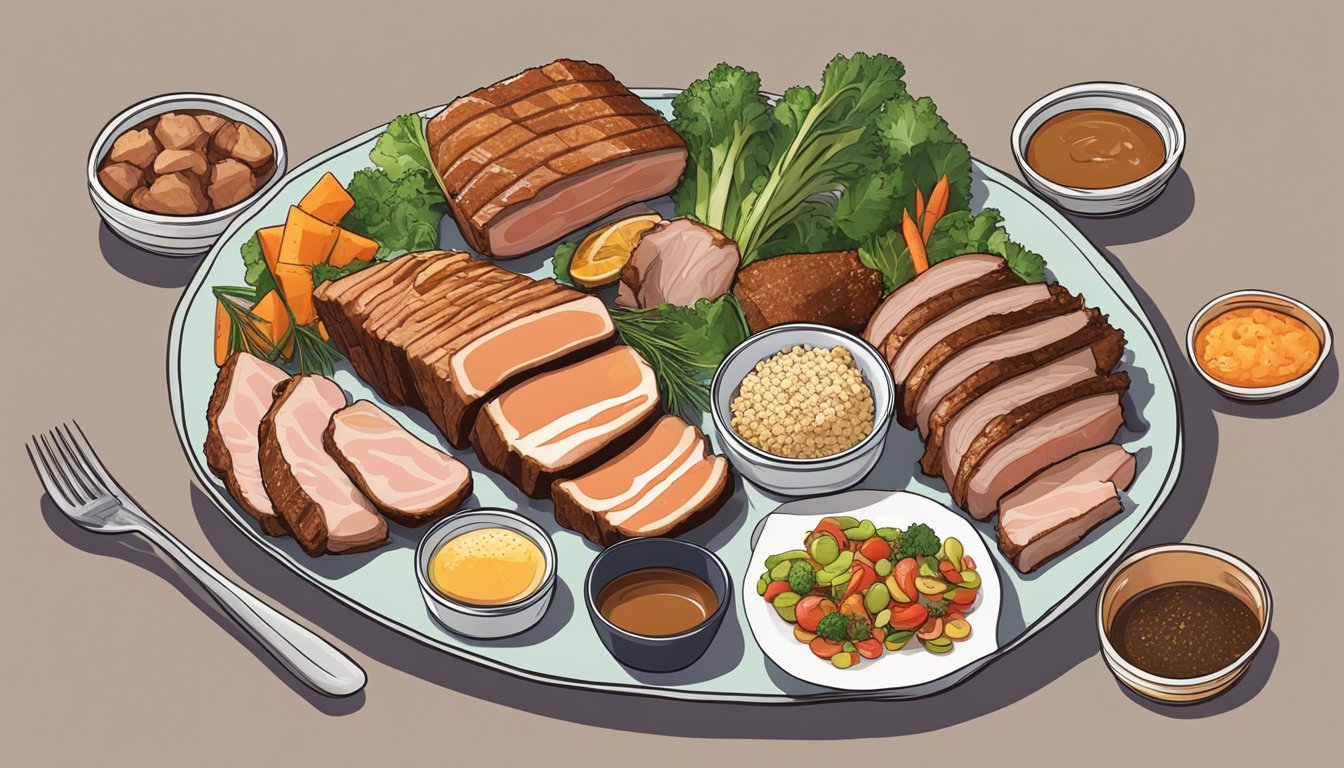 A plate with a serving of pork belly alongside 8 different types of carnivore diet-friendly foods, all arranged in a visually appealing manner