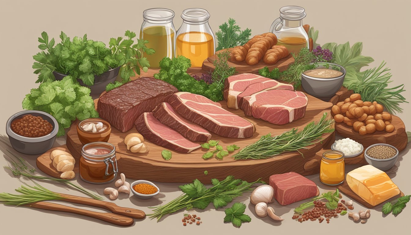 A variety of carnivore diet foods arranged on a wooden cutting board, including grass-fed beef, organ meats, and bone broth, surrounded by fresh herbs and spices