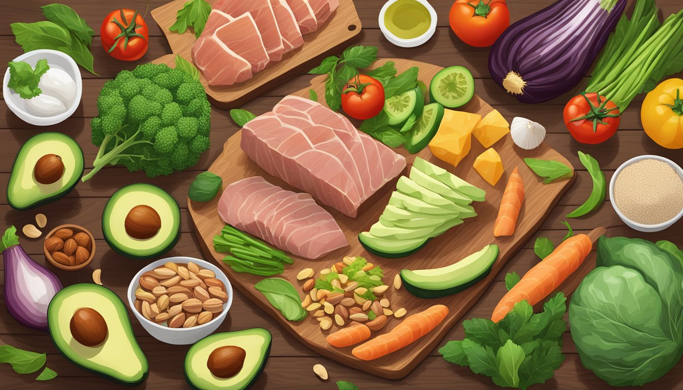 A colorful array of low-carb vegetables, lean meats, nuts, and avocados arranged on a wooden cutting board