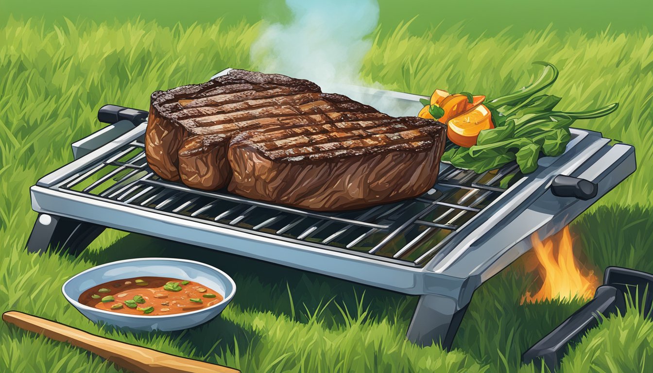 A sizzling ribeye steak cooking on a grill, surrounded by vibrant green grass and a clear blue sky overhead