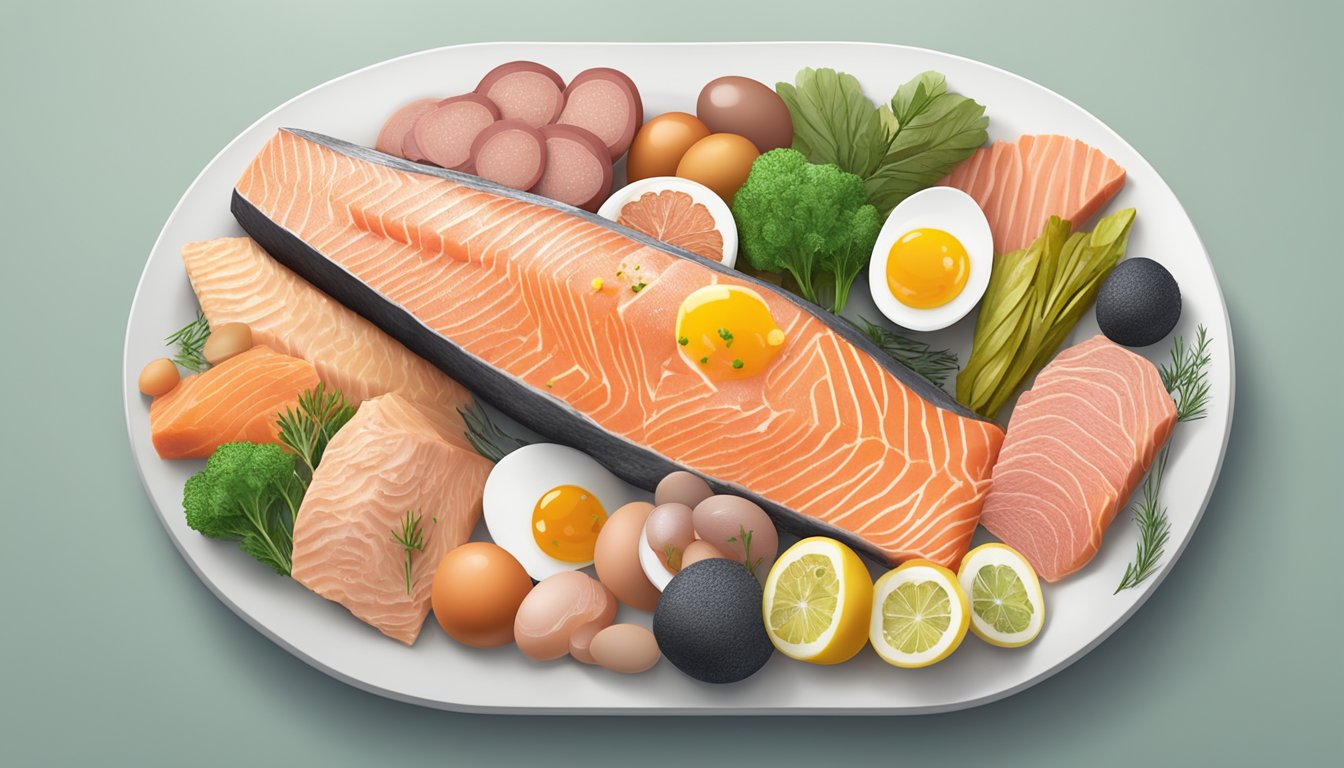 A wild-caught salmon fillet surrounded by a variety of carnivore diet friendly foods, such as eggs, meat, and organ meats, arranged on a plate