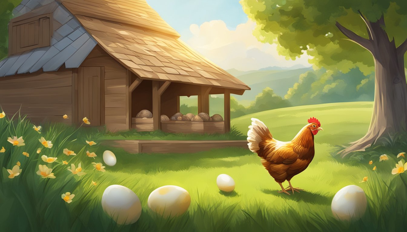 A hen peacefully laying eggs in a spacious, open-air coop surrounded by green grass and sunlight