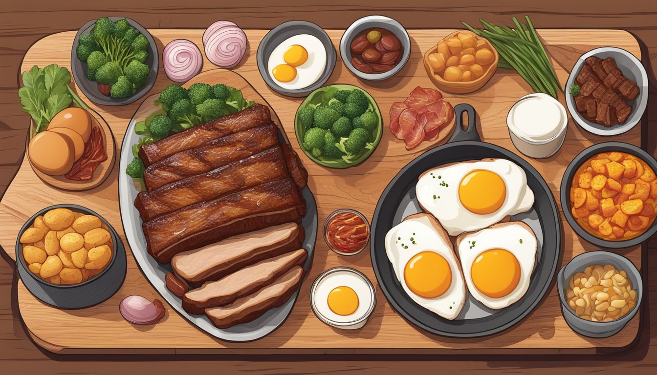 A sizzling pork belly dish surrounded by a variety of carnivore diet-friendly foods, such as eggs, steak, and bacon, arranged on a wooden cutting board