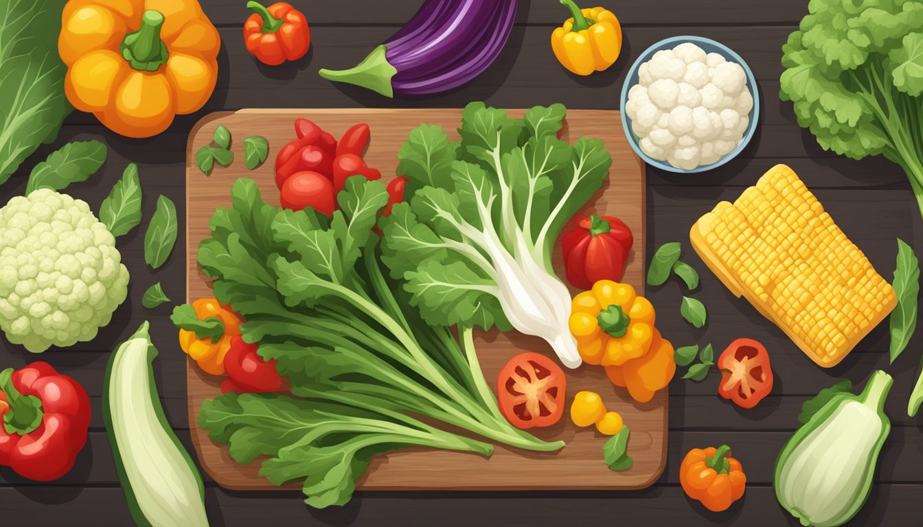 A variety of colorful keto-friendly vegetables arranged on a wooden cutting board, including leafy greens, bell peppers, and cauliflower