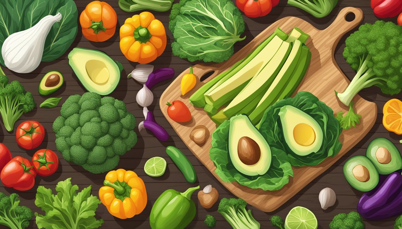 A colorful array of keto-friendly vegetables arranged on a wooden cutting board. The assortment includes leafy greens, bell peppers, broccoli, and avocado