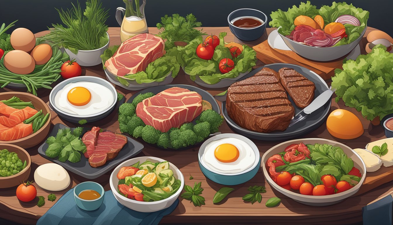 A table set with a variety of carnivore diet-friendly foods, including steak, eggs, bacon, and salmon, surrounded by vibrant vegetables and herbs