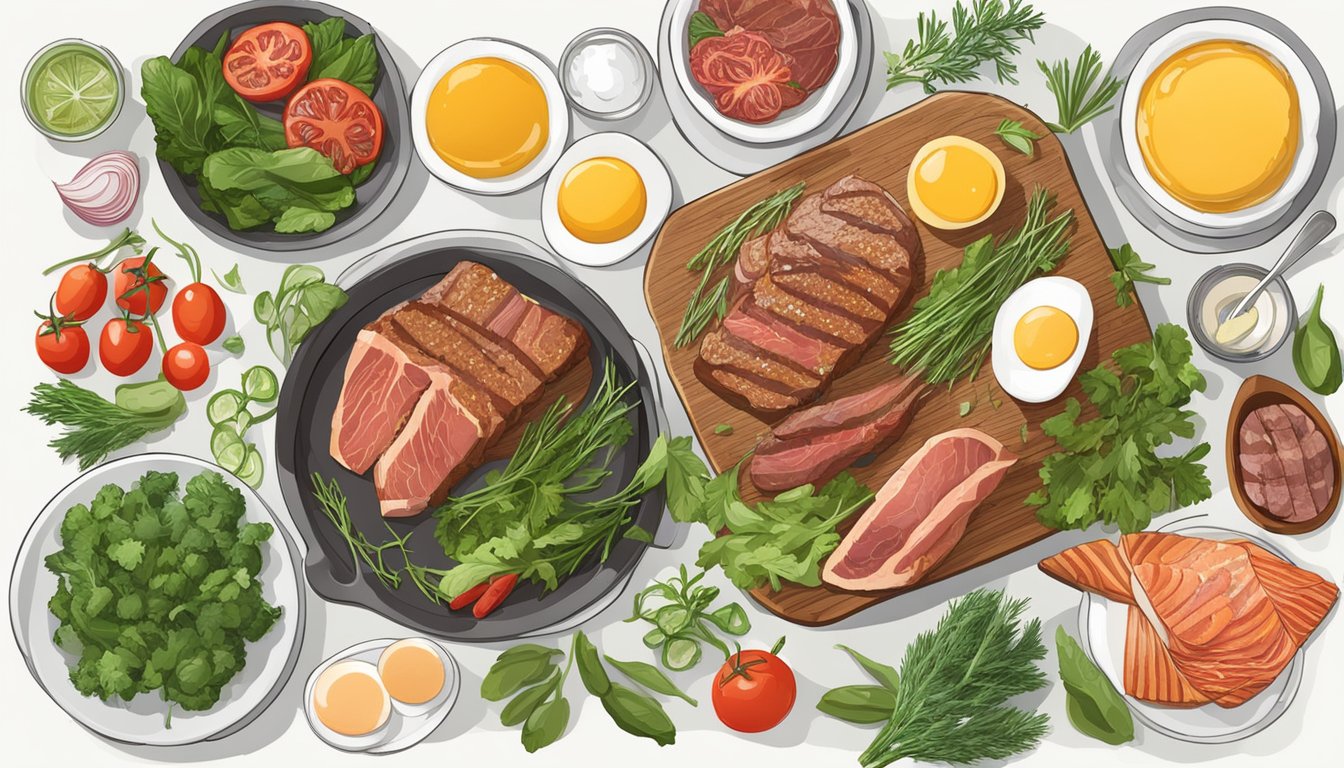 A table set with a variety of carnivore diet friendly foods, including steak, eggs, bacon, and salmon, surrounded by fresh vegetables and herbs