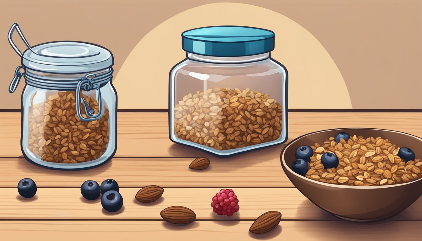 A bowl of granola with nuts, seeds, and berries, next to a jar of coconut milk, on a wooden table