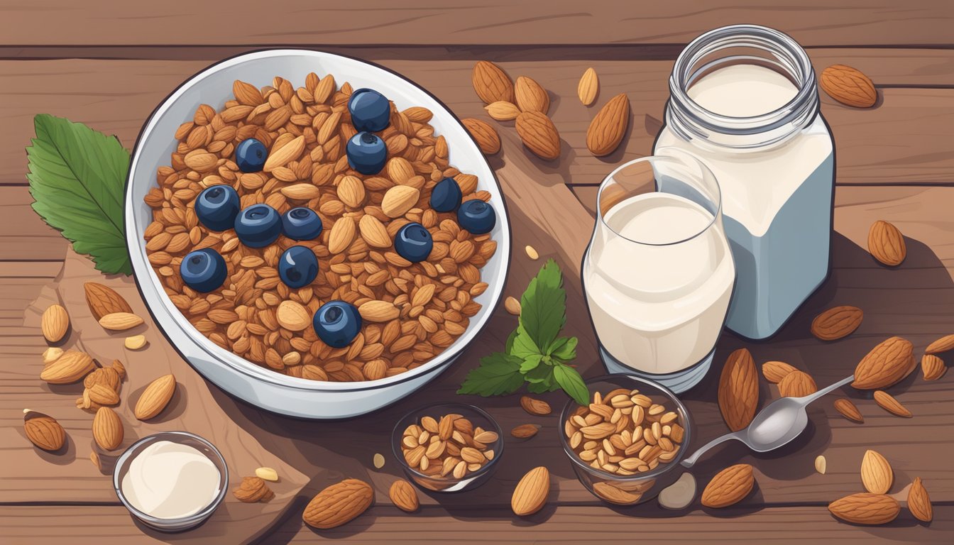 A bowl of granola sits on a wooden table, surrounded by nuts, seeds, and berries. A jar of almond milk is nearby