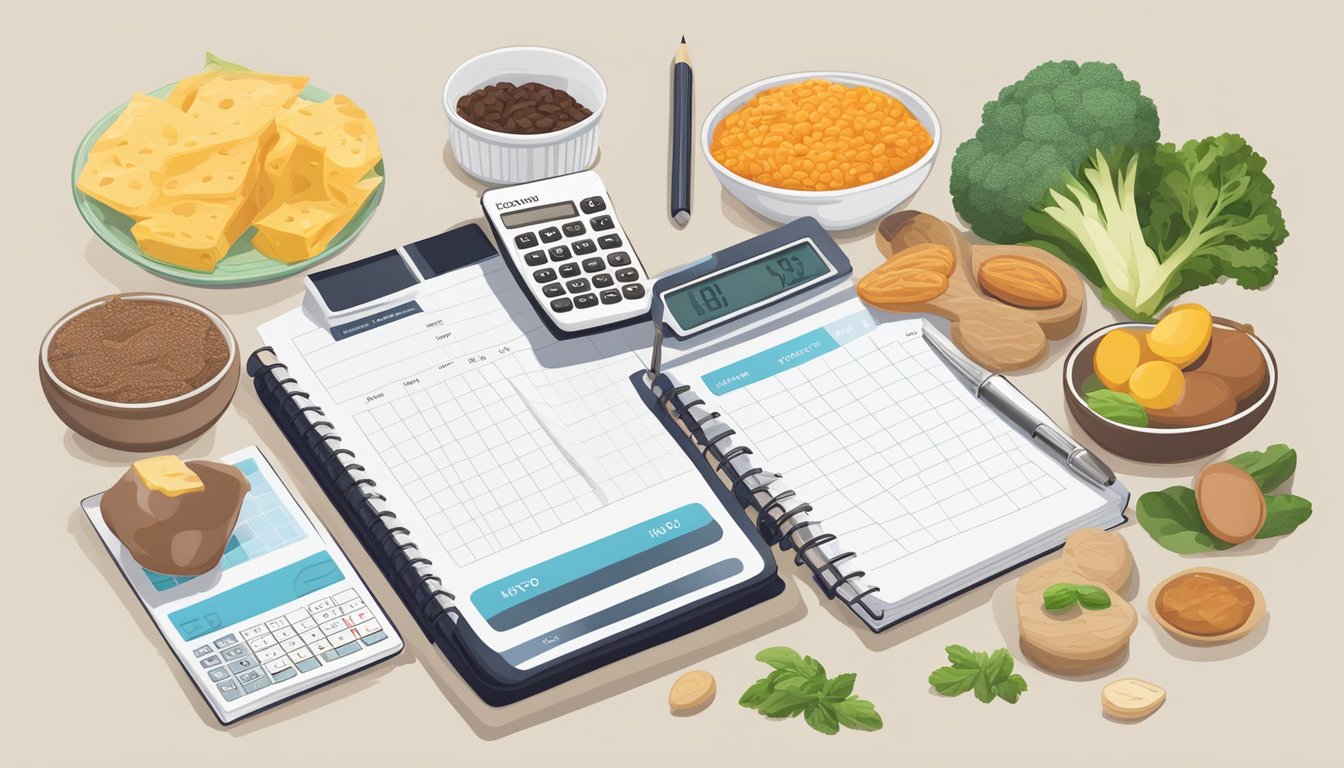 A table with various keto-friendly foods, a calculator, and a notebook filled with nutritional information