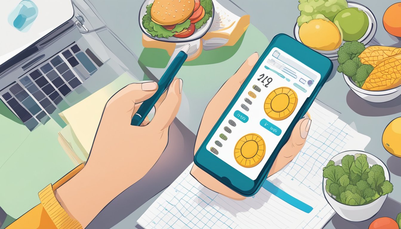 A person using a smartphone to input food items into a keto diet calculator, with a notebook and pen nearby for tracking and adjusting their diet