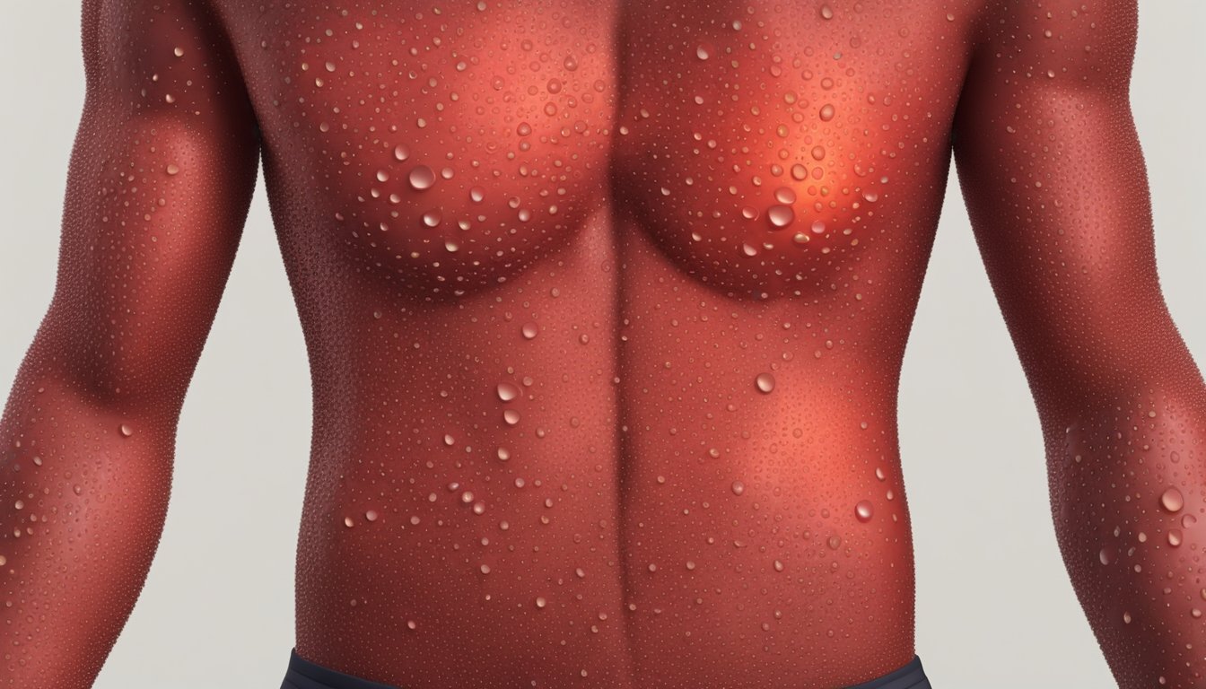 A red, inflamed skin patch on a person's torso, surrounded by healthy skin. Sweat droplets bead on the affected area