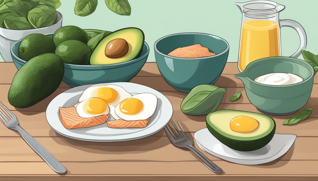 A table filled with keto-friendly foods: avocados, eggs, salmon, spinach, and almonds. Measuring cups and a food scale are also present