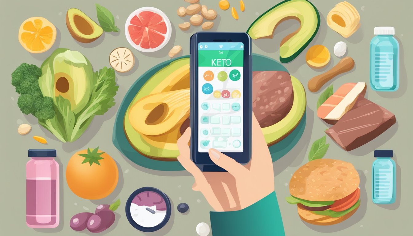 A person using a keto diet calculator on a smartphone, surrounded by various healthy keto-friendly foods and supplements