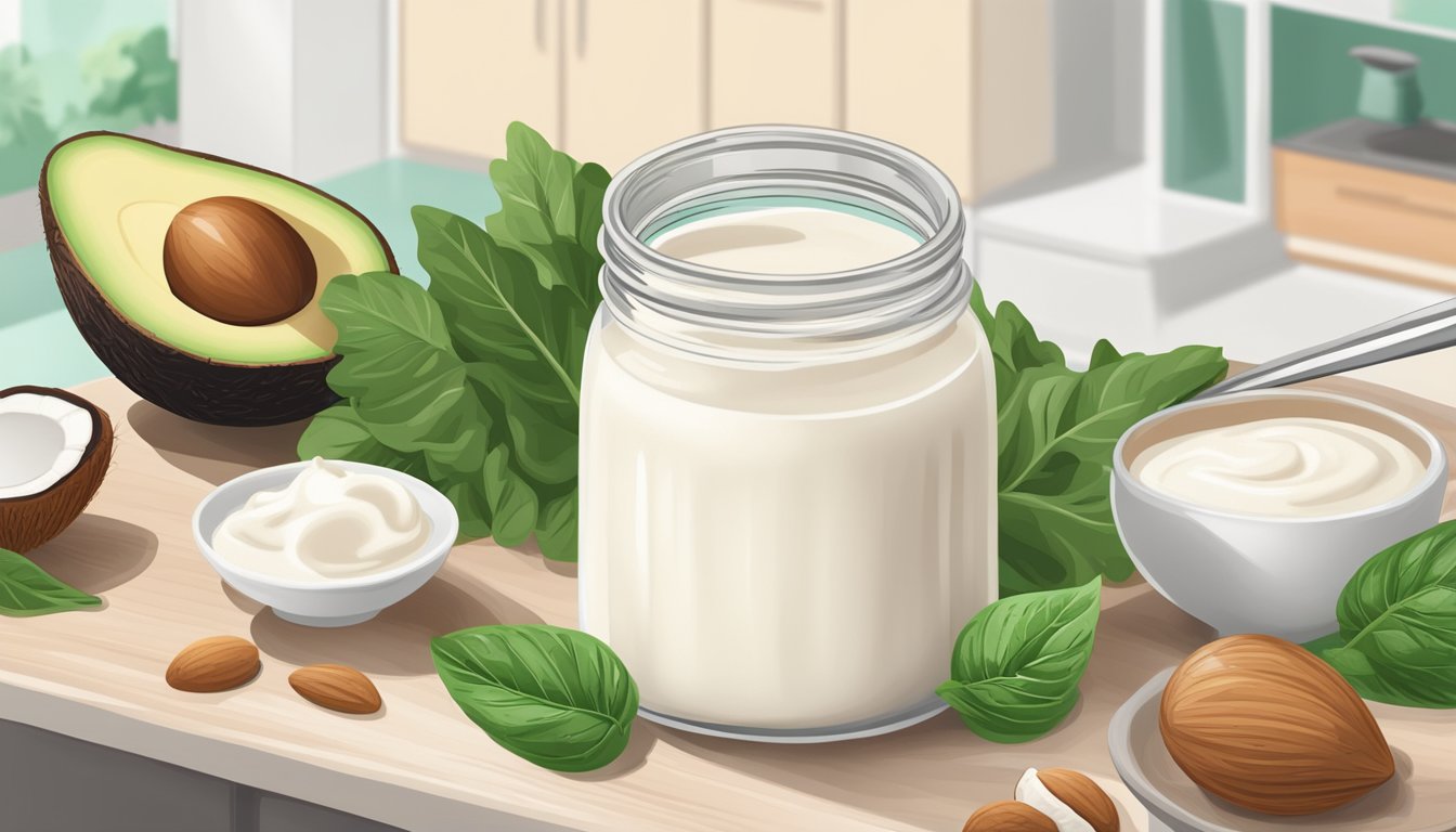 A jar of keto diet creamer surrounded by fresh coconut and almond milk, avocados, and leafy greens on a kitchen counter