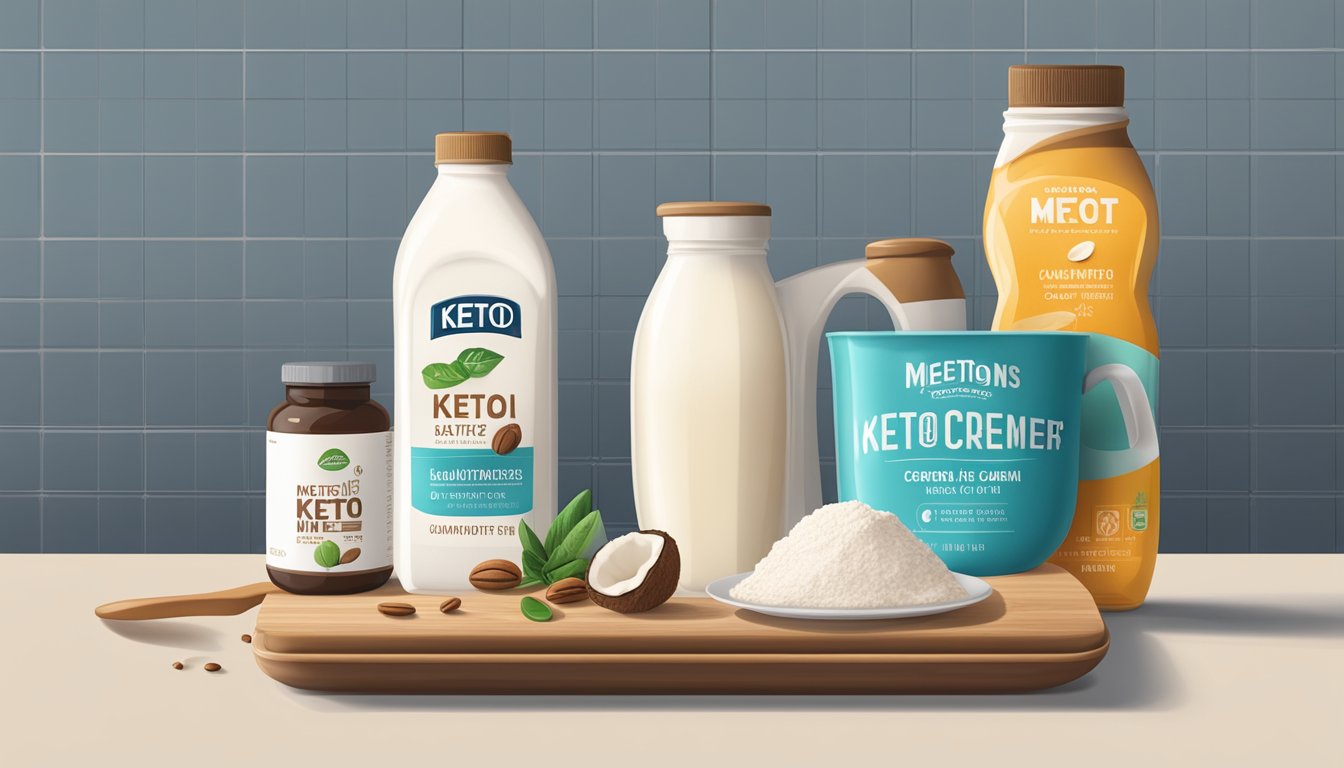 A kitchen counter with a cup of coffee, a bottle of keto diet creamer, and a few key ingredients like MCT oil and coconut milk