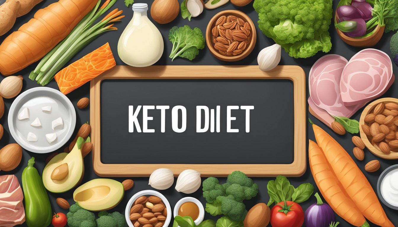 A variety of low-carb foods arranged around a keto diet macro calculator, including vegetables, meats, nuts, and dairy products