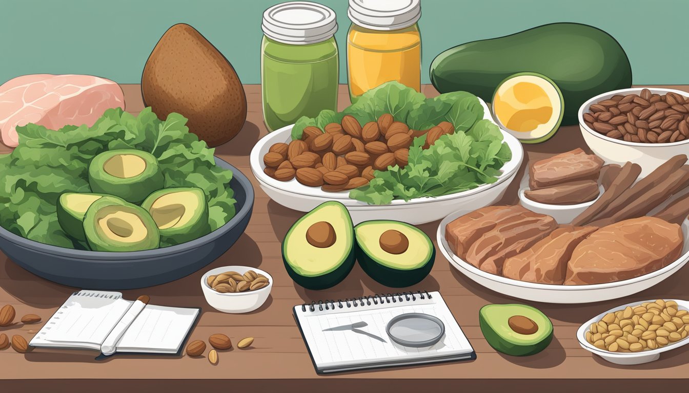 A table filled with keto-friendly foods: avocados, nuts, leafy greens, and lean meats. A measuring scale and a notebook with meal plans sit beside the spread