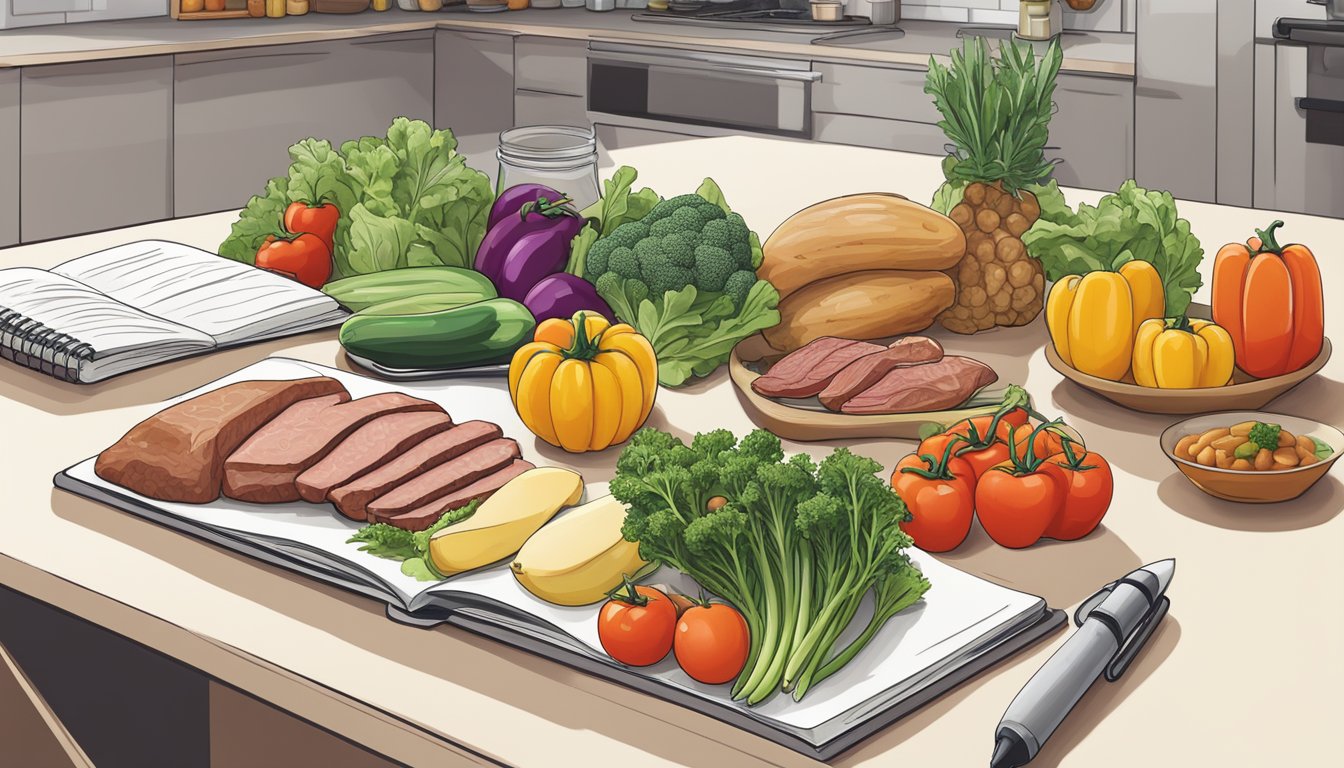 A colorful array of fresh vegetables, lean meats, and healthy fats arranged on a kitchen counter, with a notebook and pen nearby for meal planning