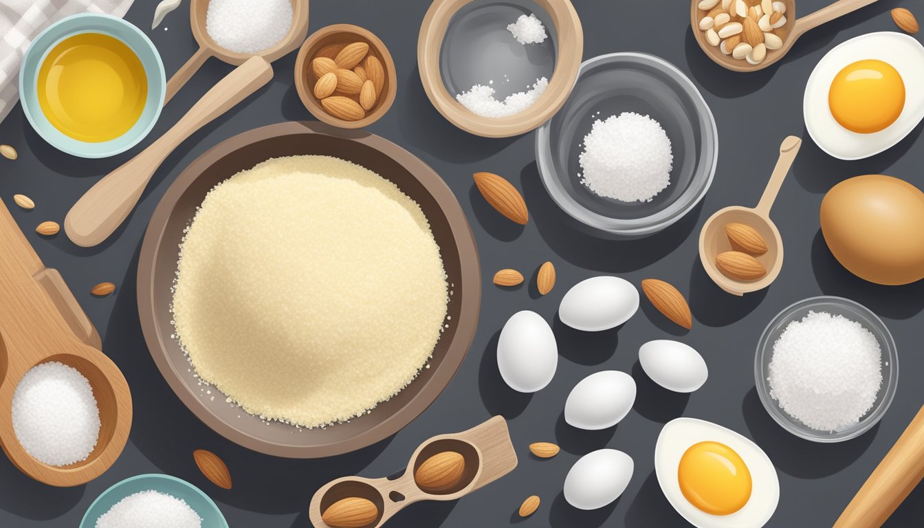 A countertop with almond flour, coconut oil, erythritol, and eggs, surrounded by measuring spoons and a mixing bowl