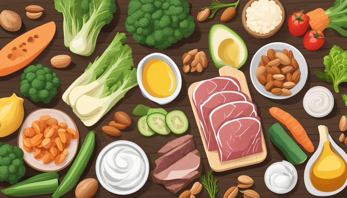 A colorful array of keto-friendly foods, including vegetables, meats, nuts, and dairy, arranged on a wooden cutting board