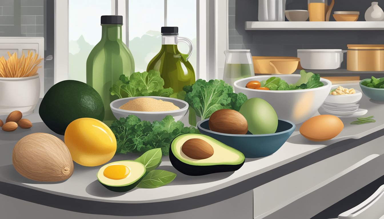 A kitchen counter with a variety of keto-friendly foods and ingredients such as avocados, eggs, leafy greens, nuts, and olive oil