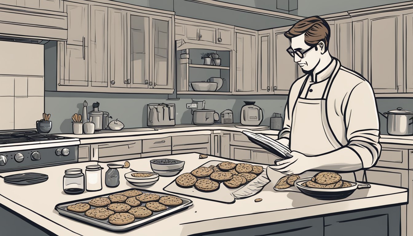 A kitchen counter with a tray of cracked and burnt keto cookies, ingredients scattered around, and a frustrated cook reading a troubleshooting guide