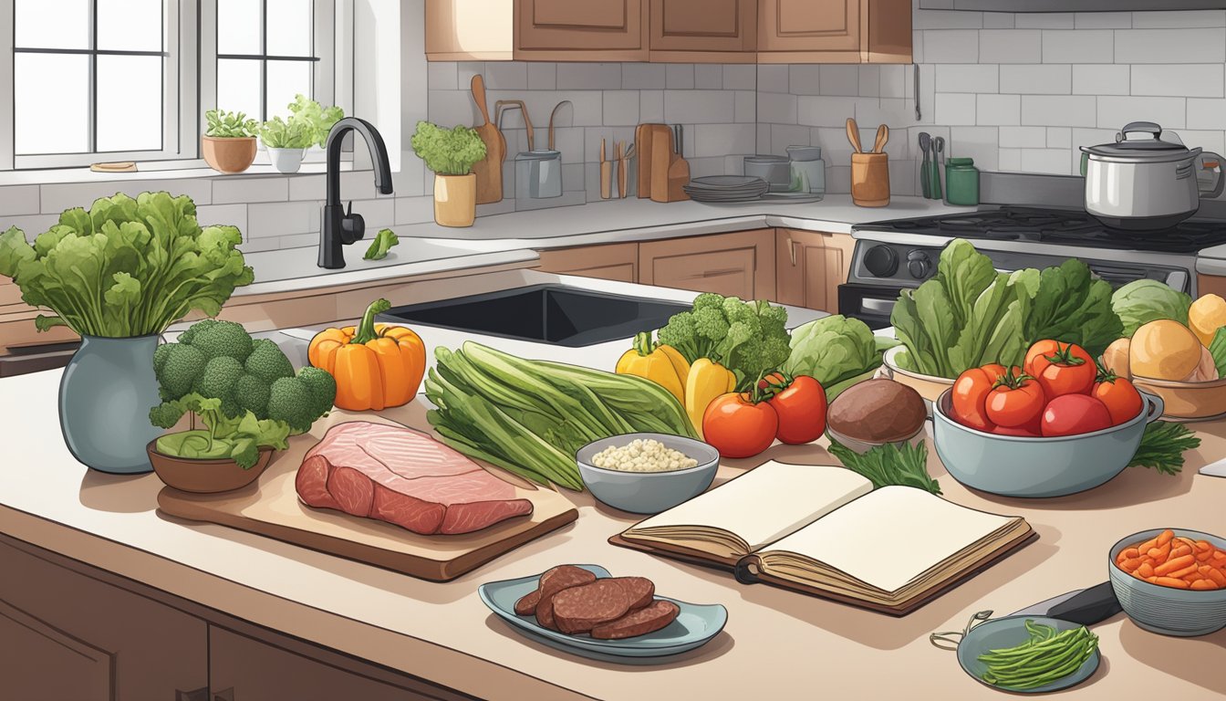 A kitchen counter with a variety of fresh vegetables, lean meats, and healthy fats, with a cookbook open to a page on the Keto diet