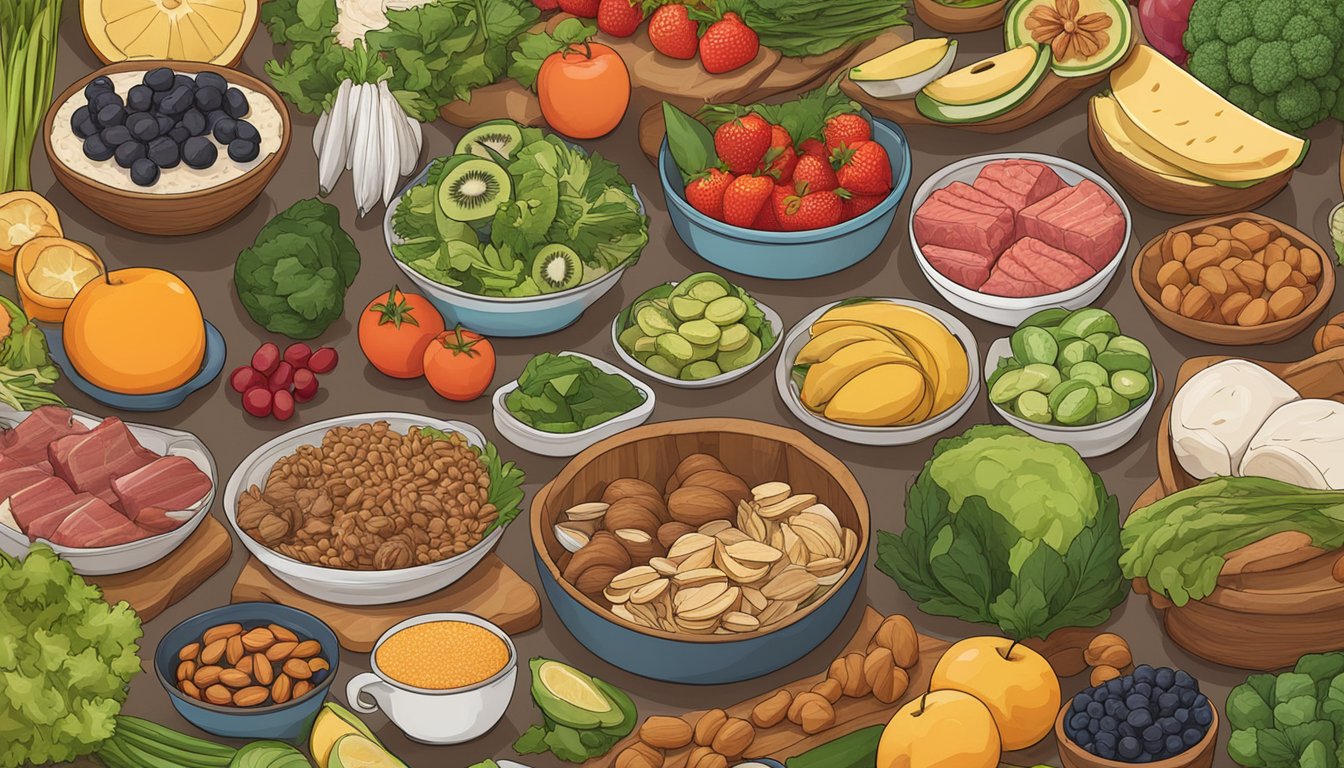 A table with a variety of food items, including fruits, vegetables, nuts, and meats, representing both paleo and keto diet options