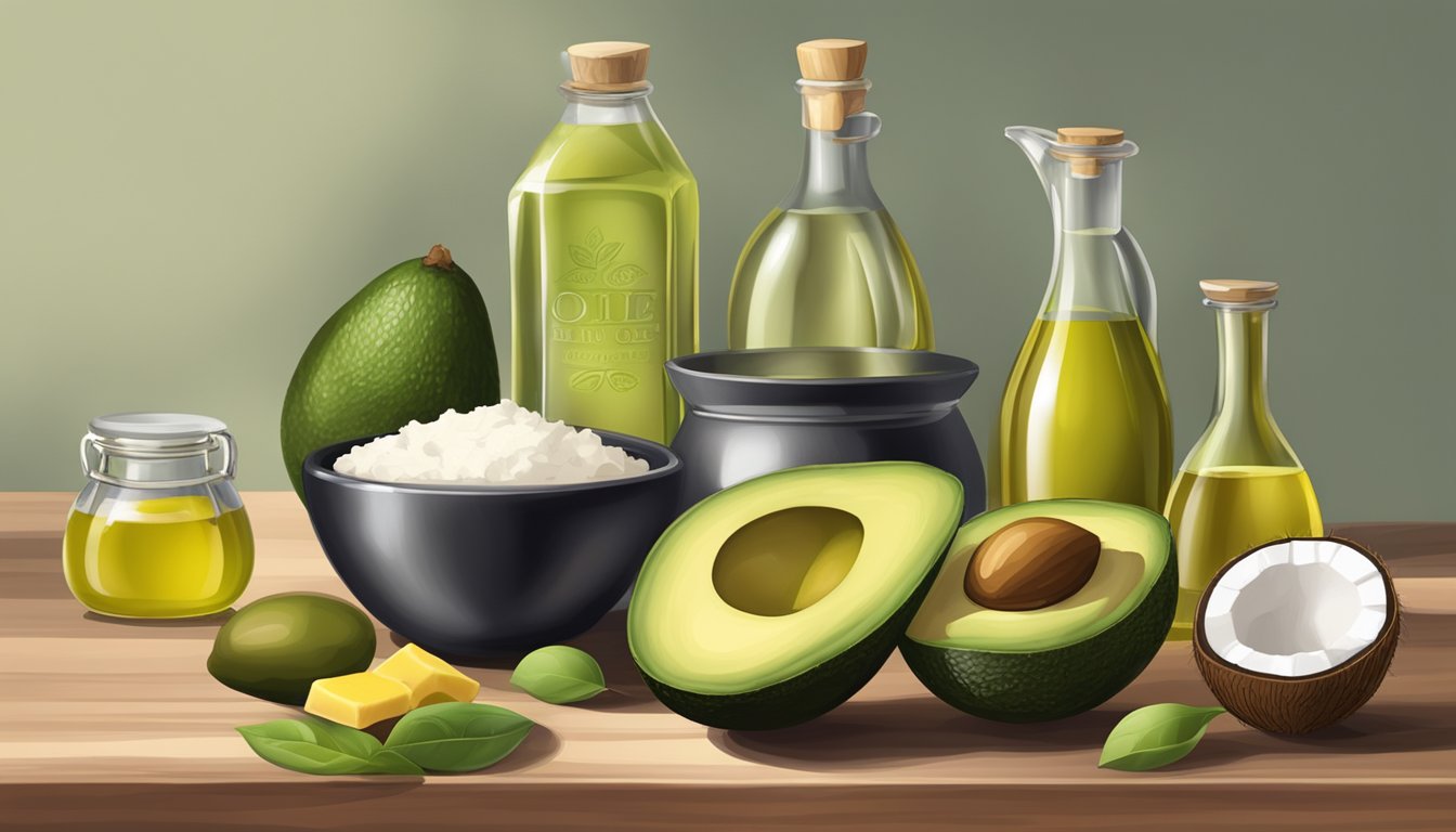 A variety of fats and oils, such as avocados, olive oil, butter, and coconut oil, arranged on a kitchen counter