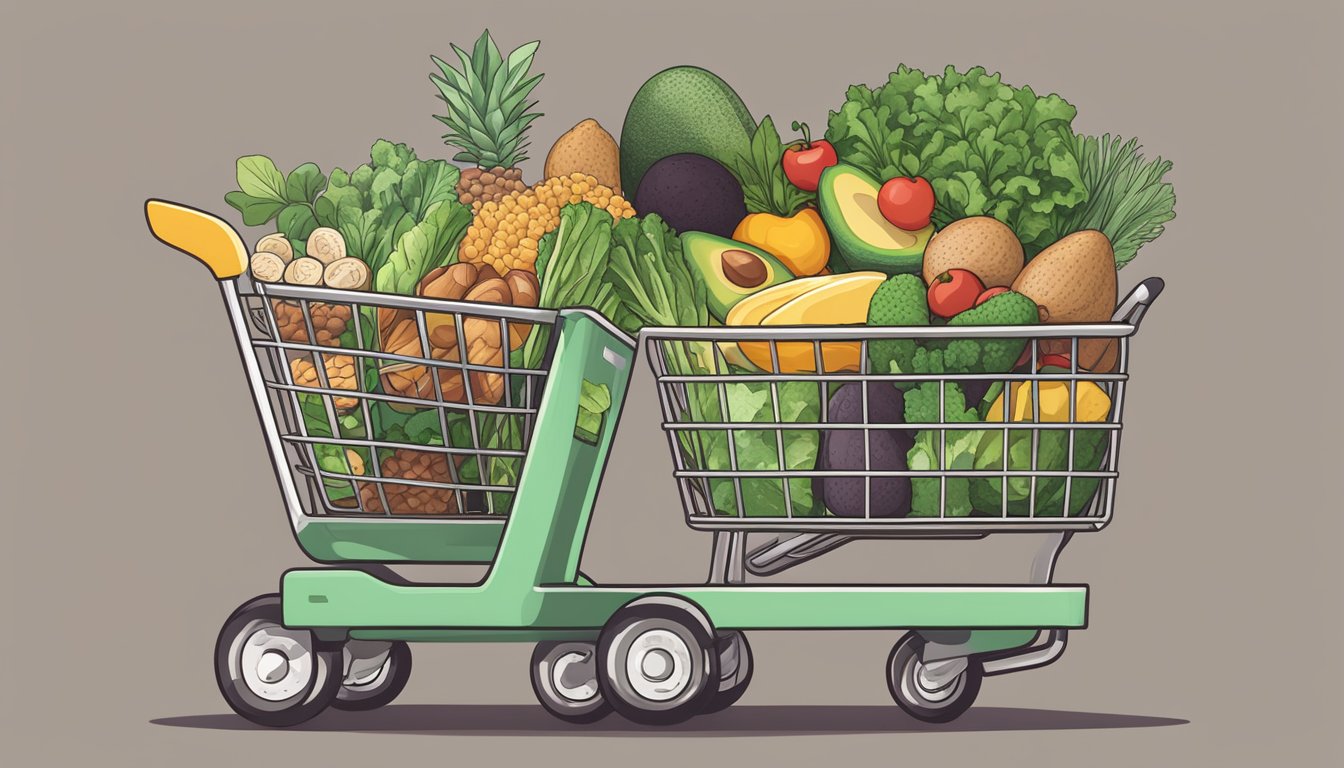 A shopping cart filled with keto-friendly foods, including avocados, leafy greens, nuts, and lean meats, with a label reading "Staying Keto Outside the Home."