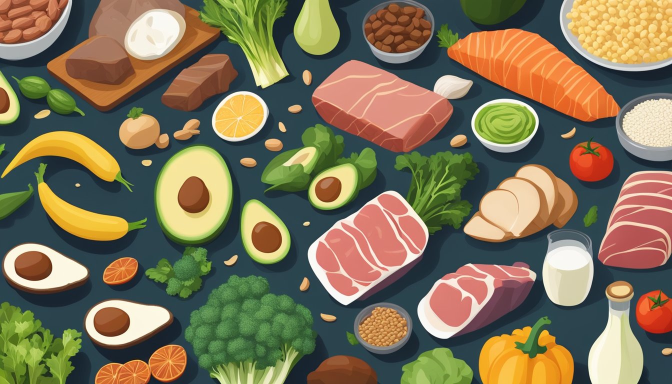 A table with a variety of keto and paleo diet foods, including vegetables, meats, and healthy fats, arranged in a visually appealing manner