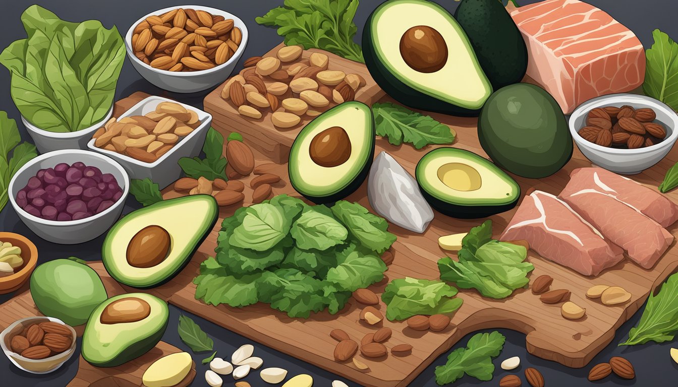 A colorful array of keto-friendly foods, including avocados, leafy greens, nuts, and lean meats, arranged on a wooden cutting board