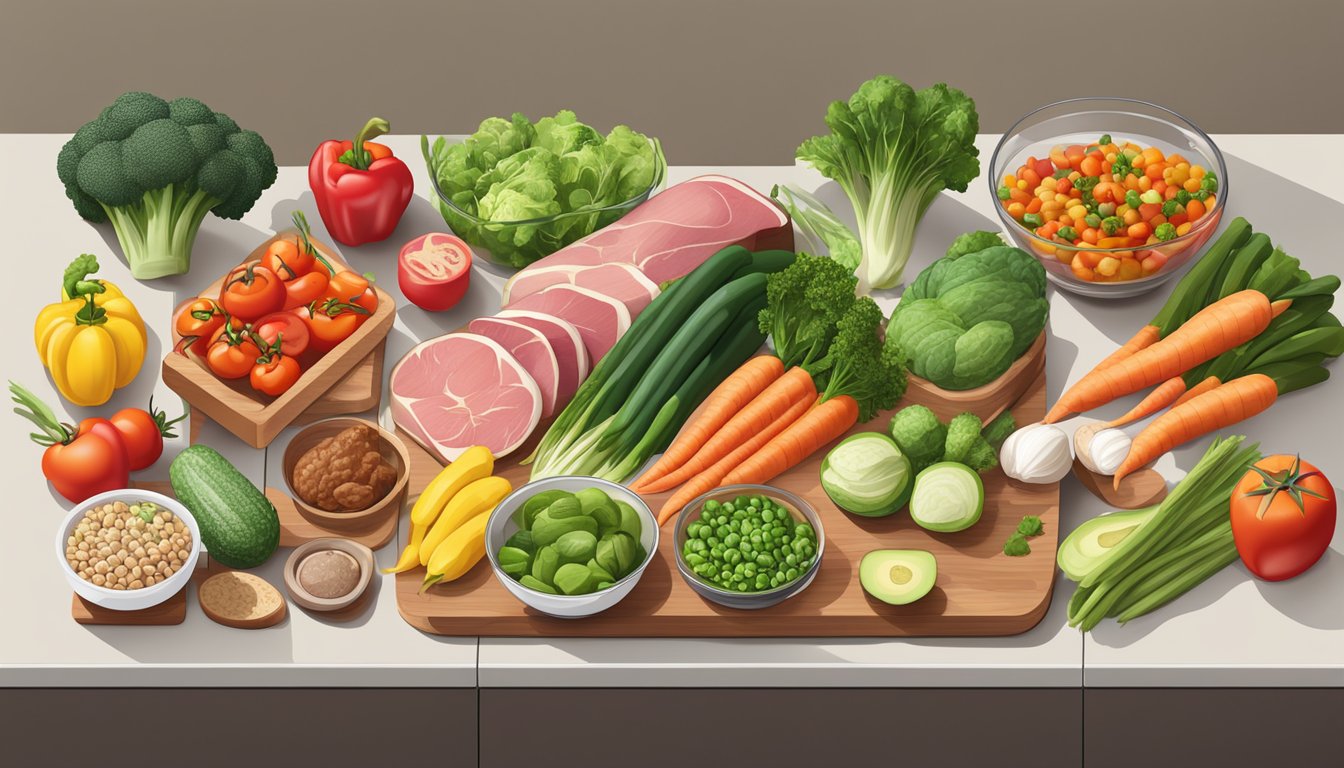 A colorful array of fresh vegetables, lean meats, and healthy fats arranged on a kitchen counter