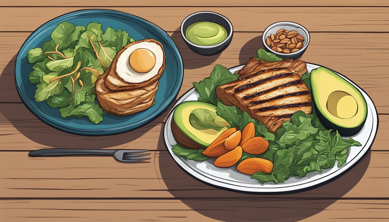 A colorful plate of keto-friendly lunch options arranged neatly on a wooden table, including leafy greens, avocado, grilled chicken, and nuts