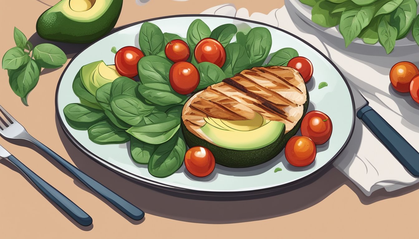 A plate with avocado, spinach, grilled chicken, and cherry tomatoes