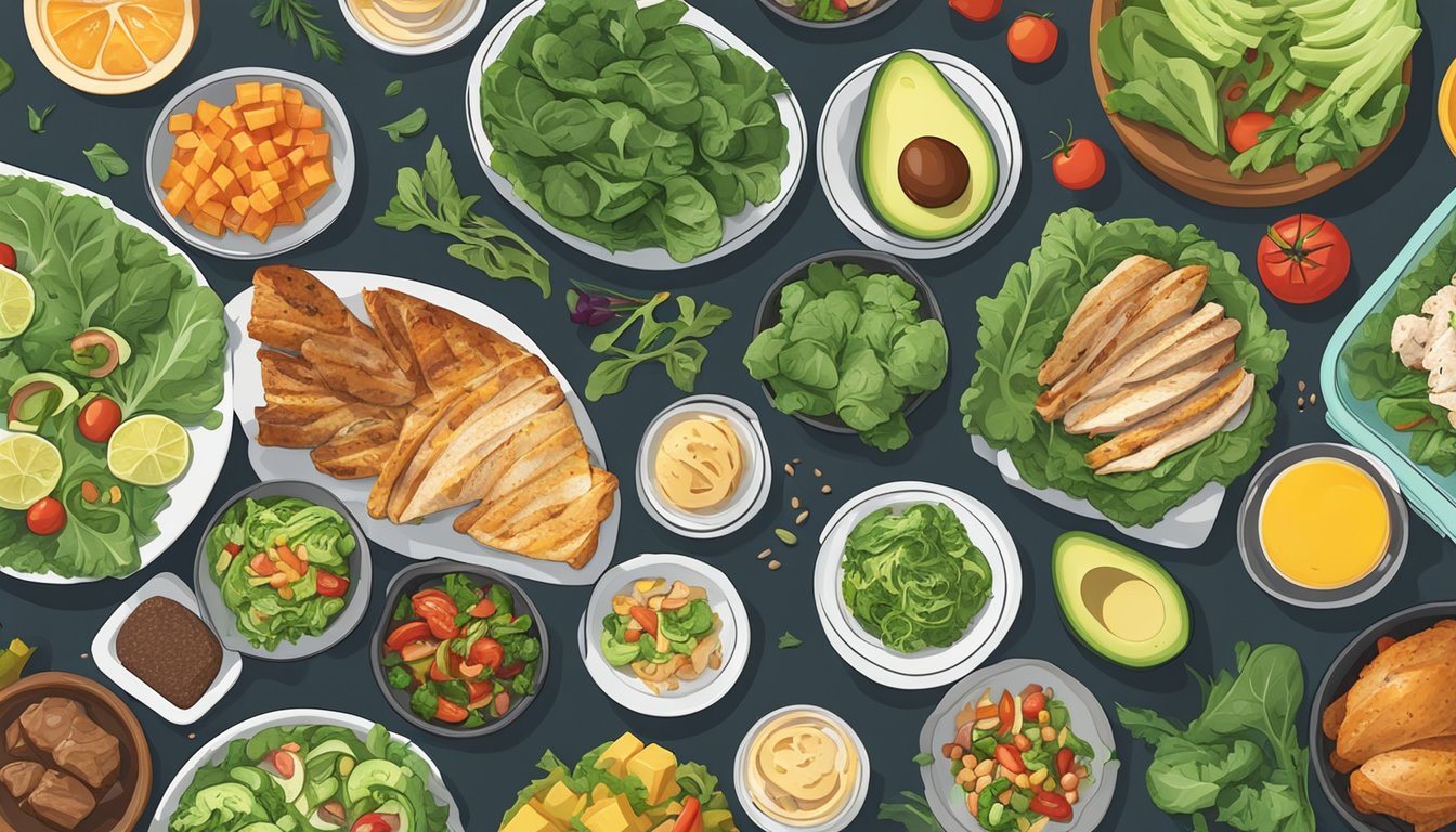 A table set with a colorful array of keto-friendly lunch options, including leafy greens, grilled chicken, avocado, and assorted low-carb vegetables